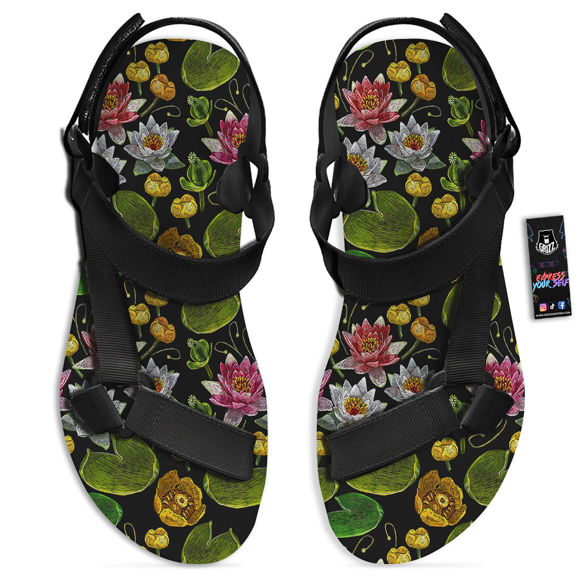 Flower Lily Water Print Pattern Black Open Toe Sandals-grizzshop