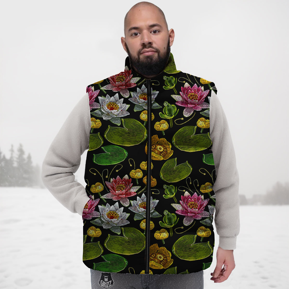 Flower Lily Water Print Pattern Down Vest-grizzshop