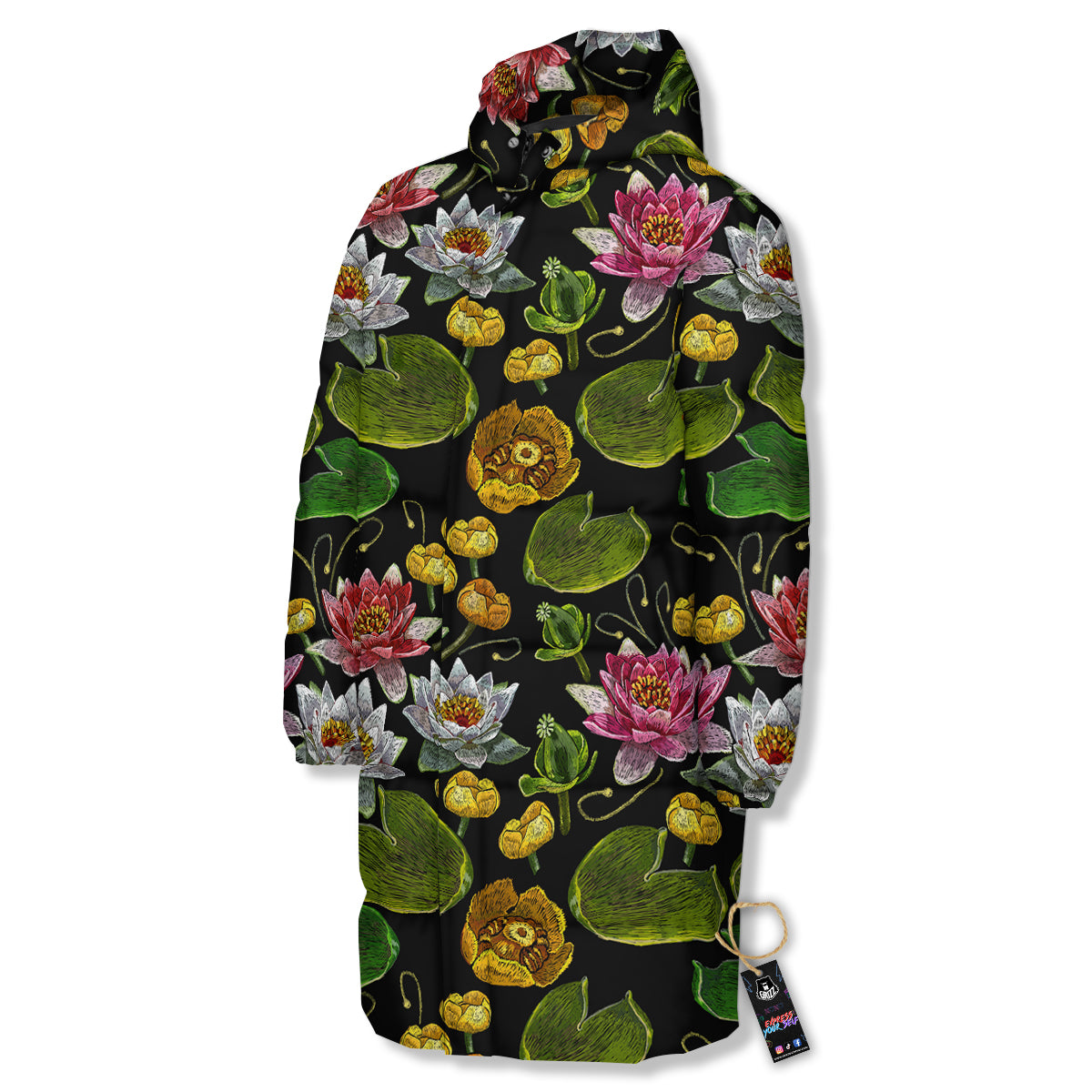 Flower Lily Water Print Pattern Long Down Jacket-grizzshop