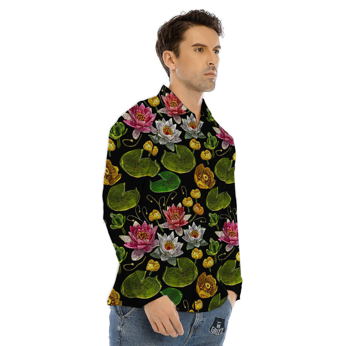 Flower Lily Water Print Pattern Men's Dress Shirts-grizzshop