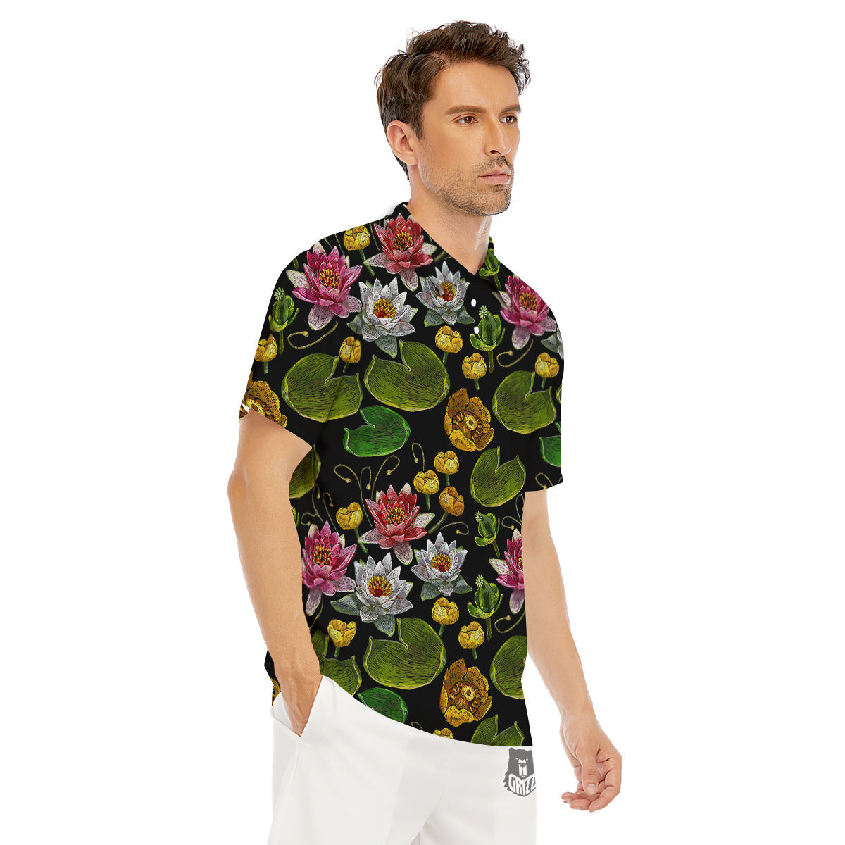 Flower Lily Water Print Pattern Men's Golf Shirts-grizzshop