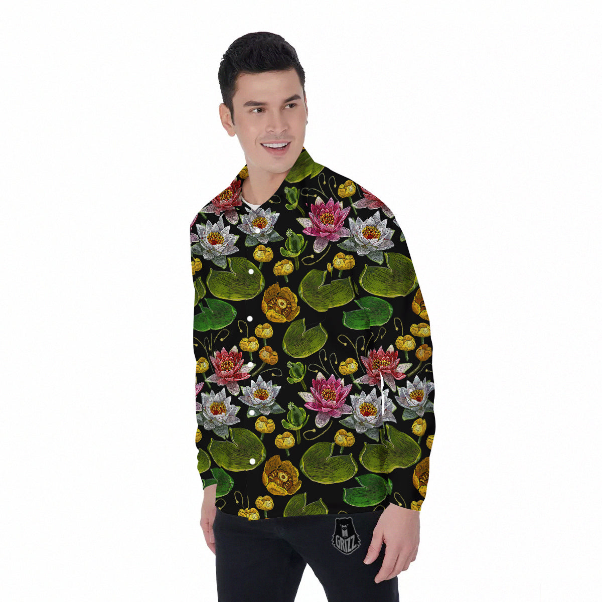Flower Lily Water Print Pattern Men's Long Sleeve Shirts-grizzshop