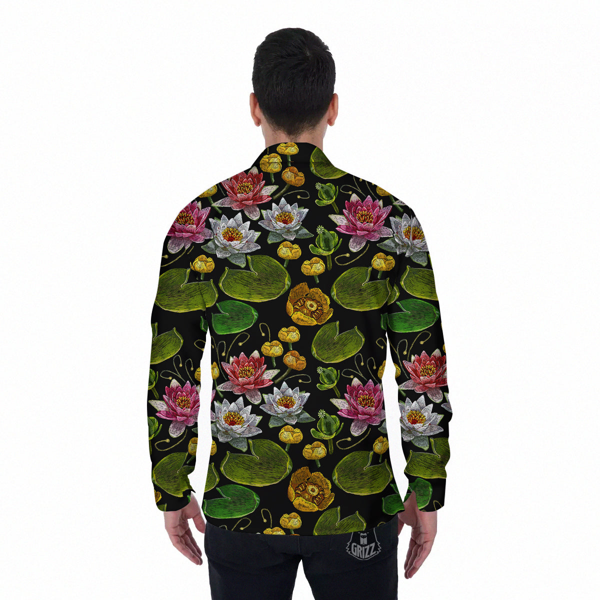 Flower Lily Water Print Pattern Men's Long Sleeve Shirts-grizzshop