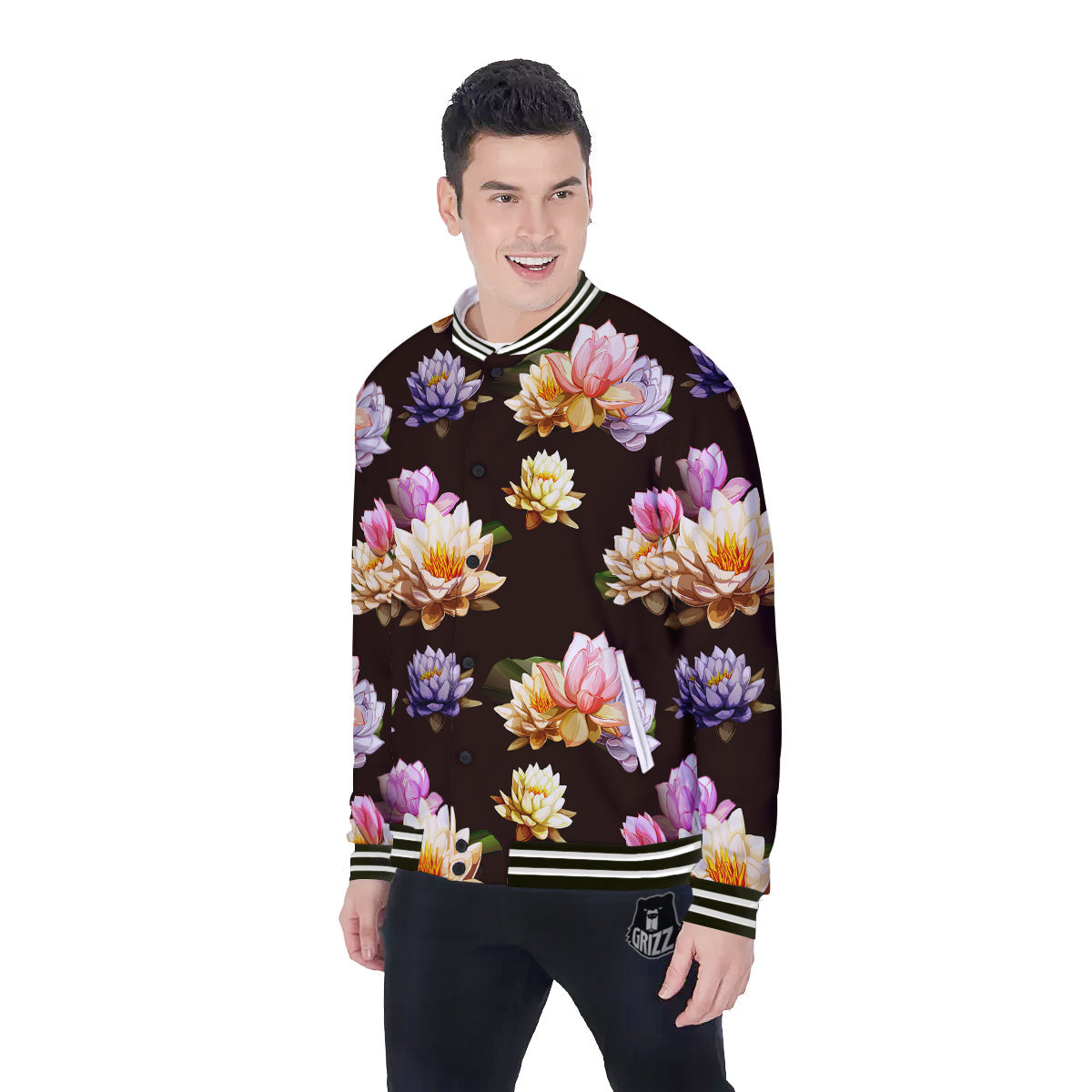 Flower Lotus Vintage Print Pattern Baseball Jacket-grizzshop