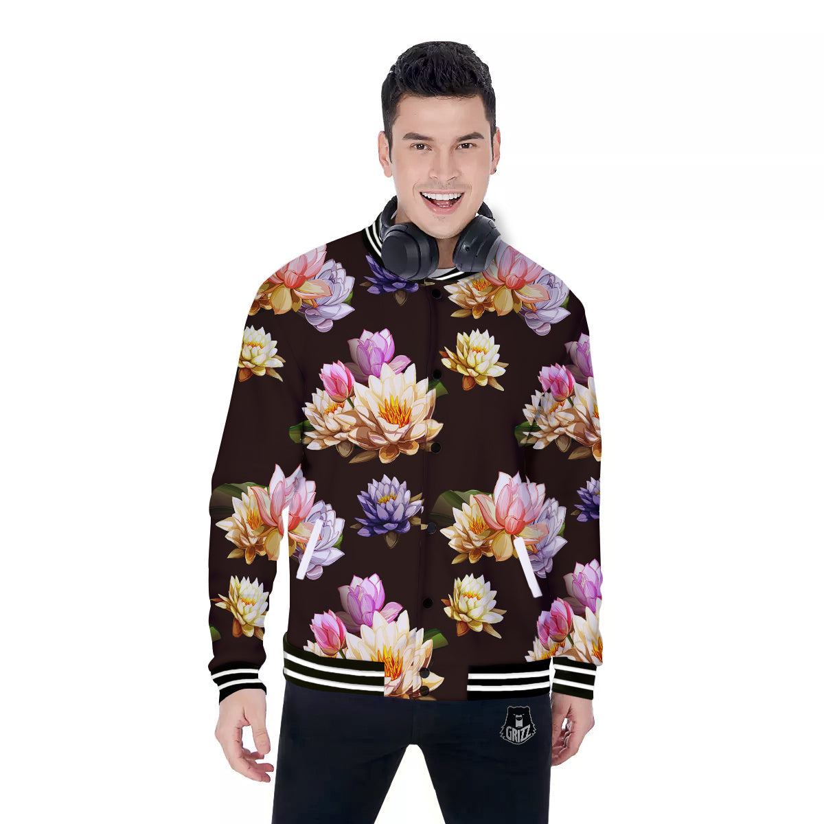 Flower Lotus Vintage Print Pattern Baseball Jacket-grizzshop