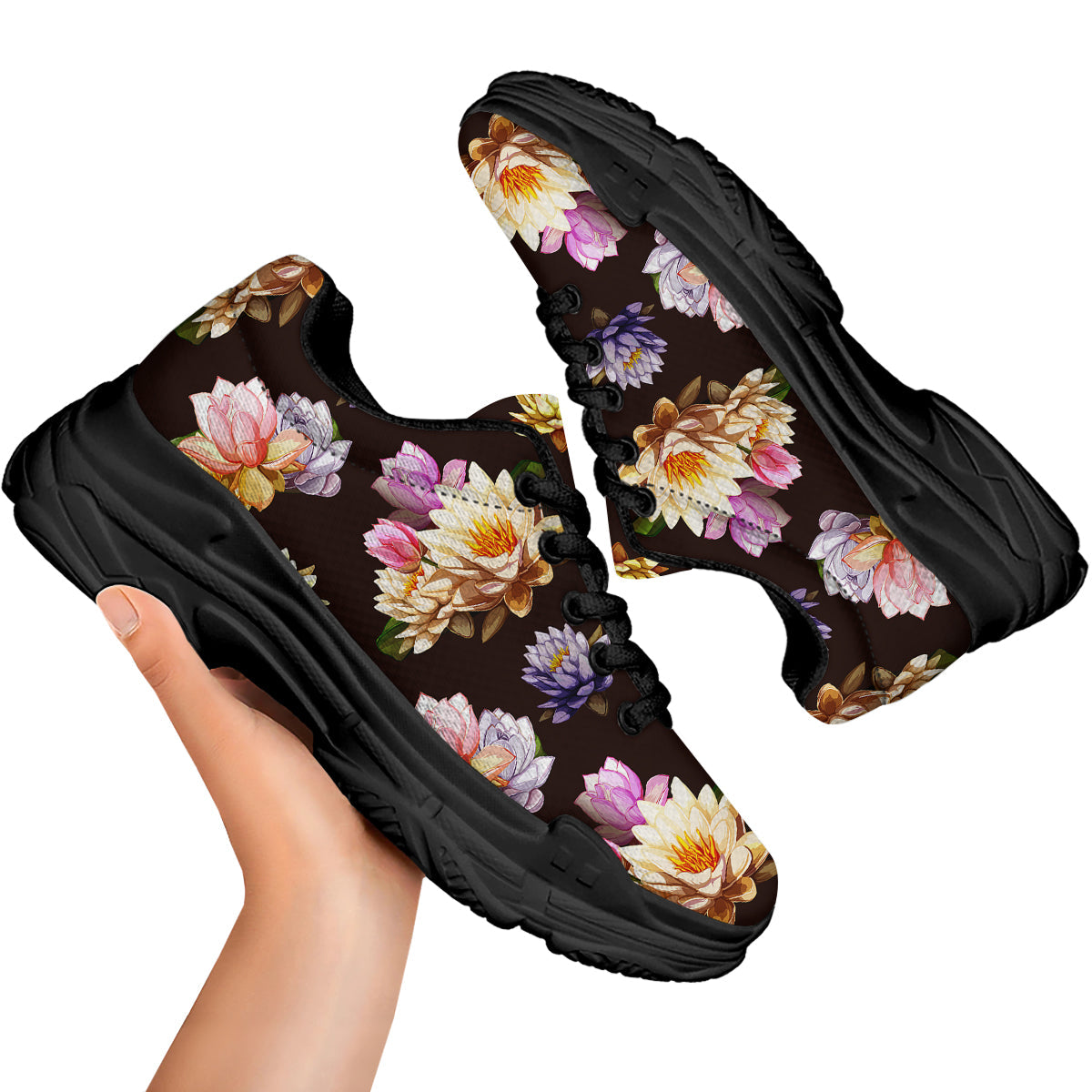 Flower Lotus Vintage Print Pattern Black Chunky Shoes-grizzshop