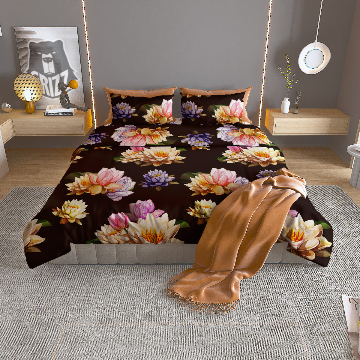 Flower Lotus Vintage Print Pattern Duvet Cover Bedding Set