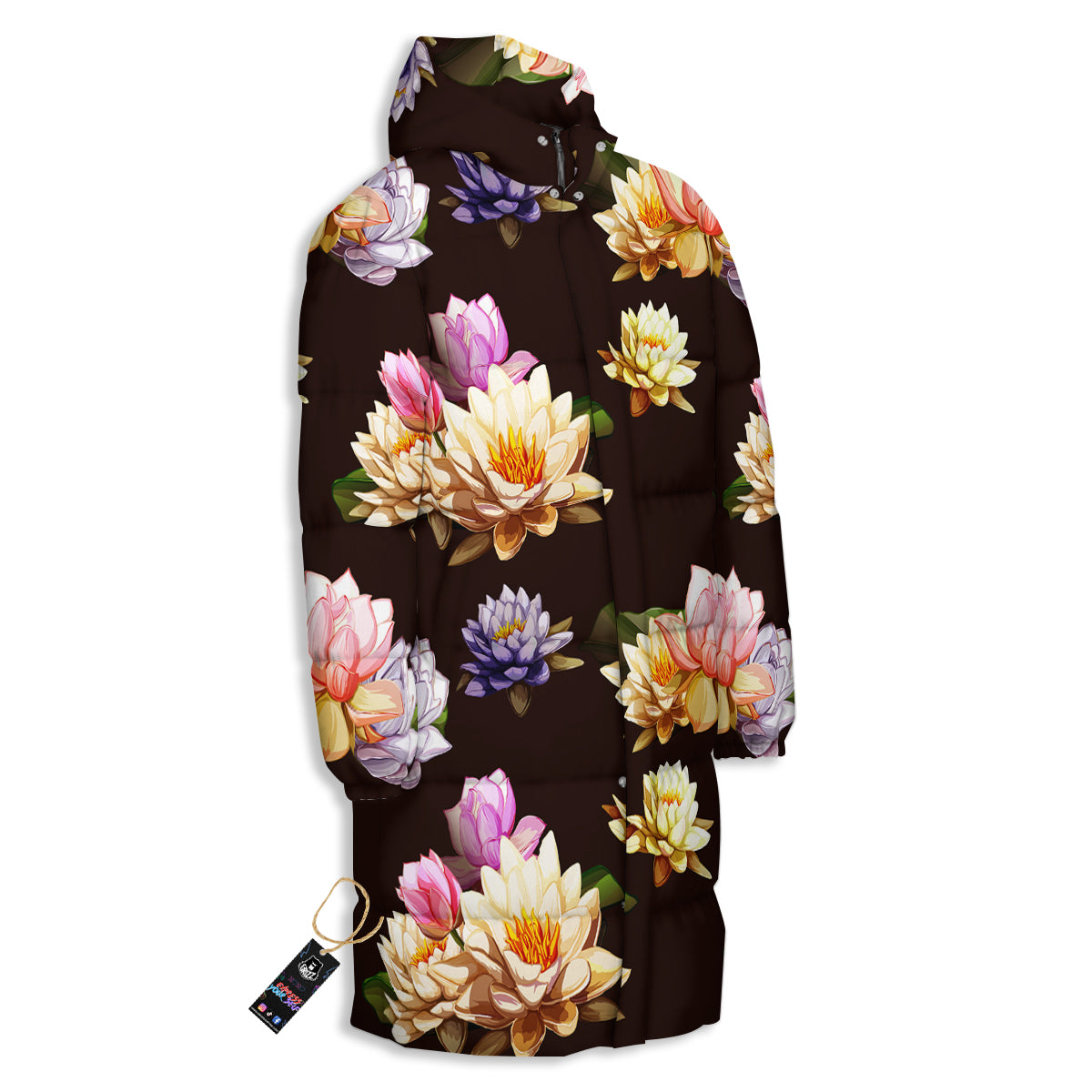 Flower Lotus Vintage Print Pattern Long Down Jacket-grizzshop