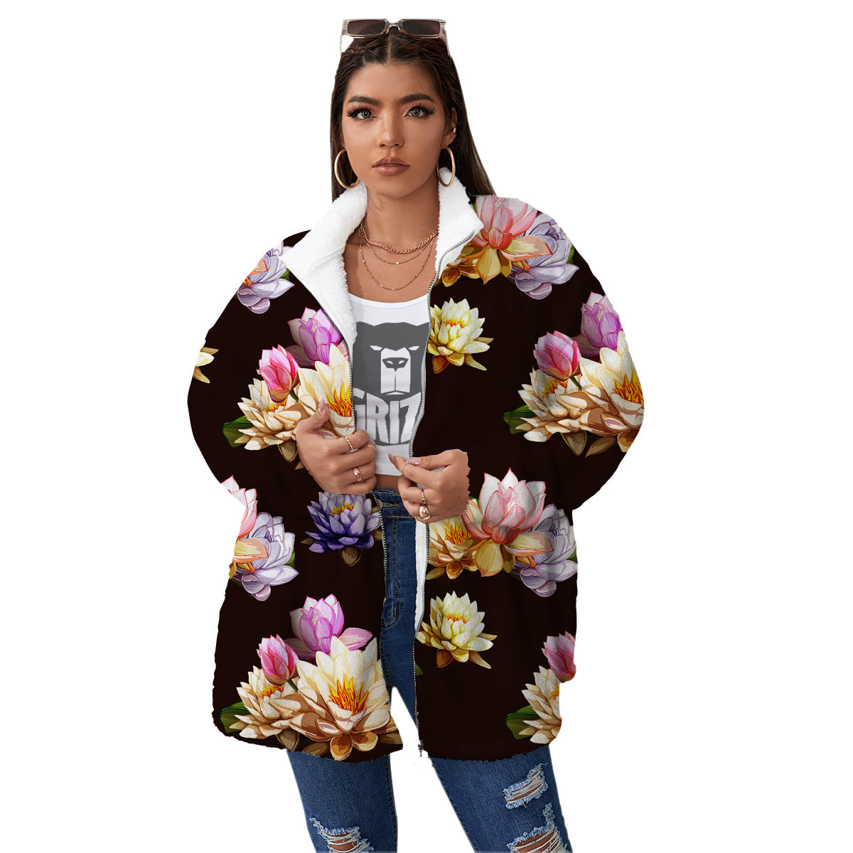 Flower Lotus Vintage Print Pattern Women's Sherpa Jacket-grizzshop