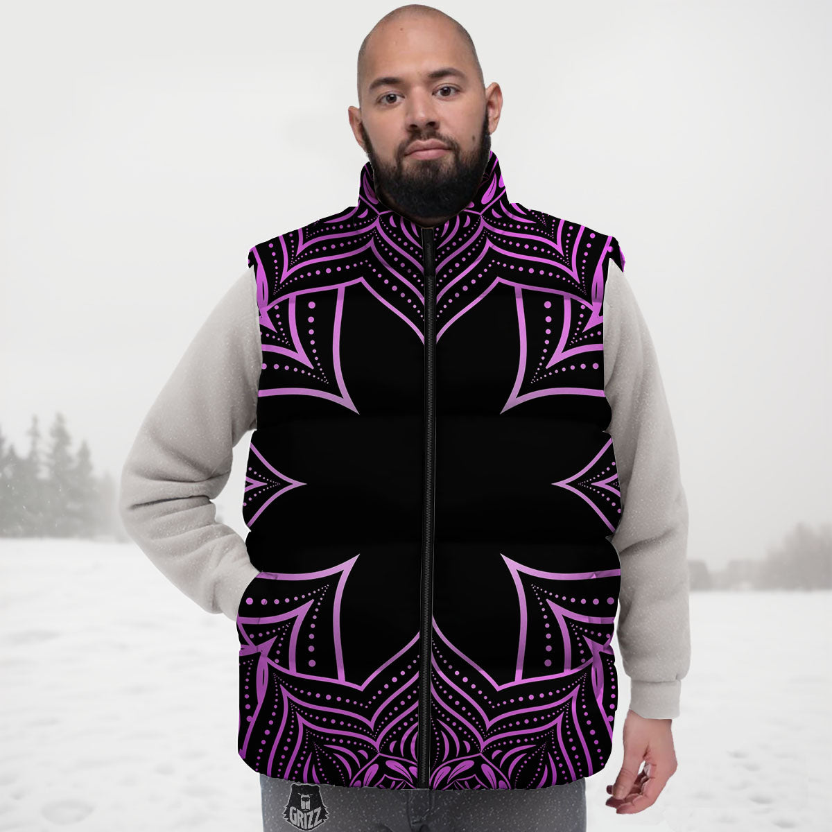 Flower Mandala Purple Print Down Vest-grizzshop
