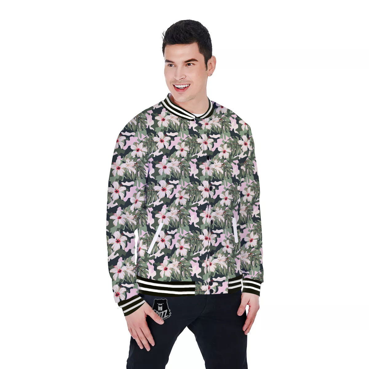 Flower Military Camouflage Print Pattern Baseball Jacket-grizzshop