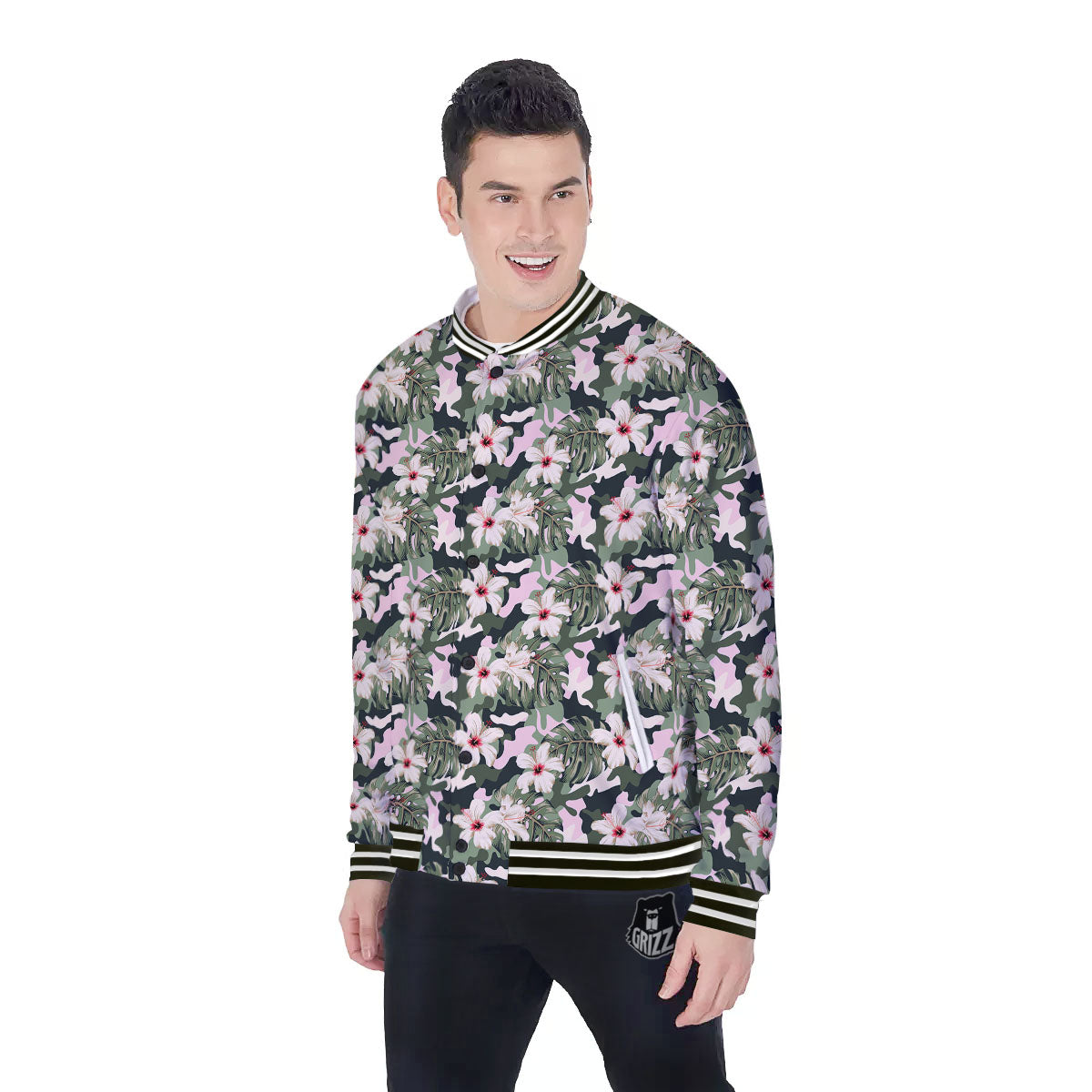Flower Military Camouflage Print Pattern Baseball Jacket-grizzshop