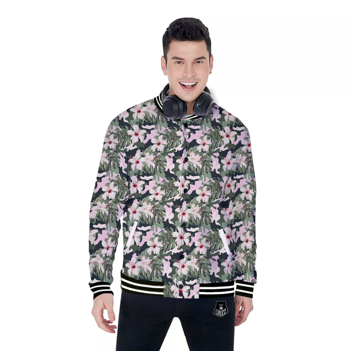 Flower Military Camouflage Print Pattern Baseball Jacket-grizzshop