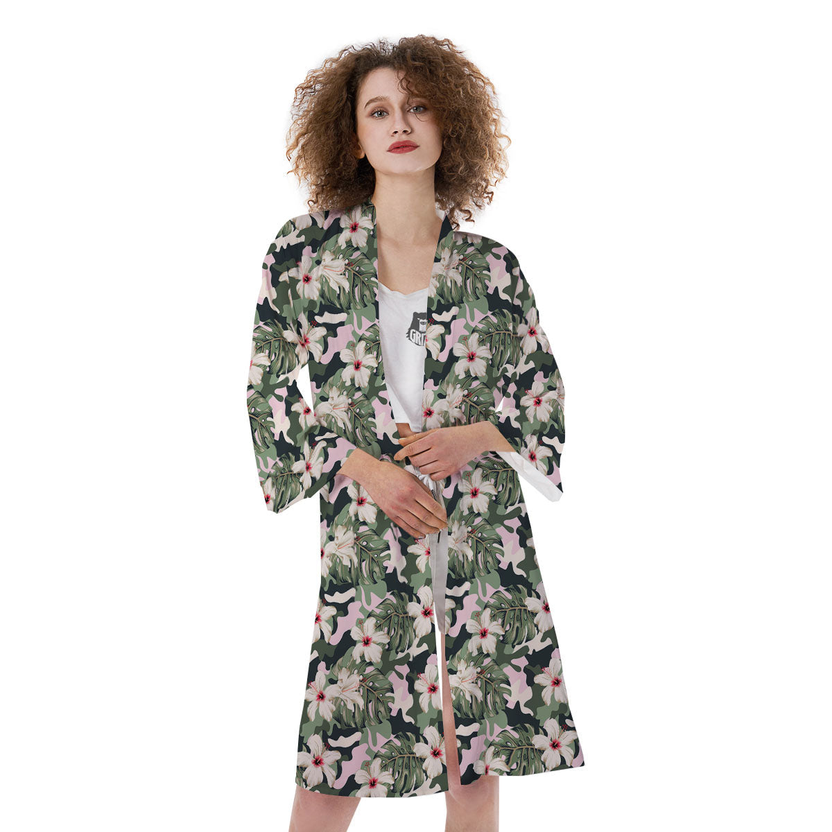 Flower Military Camouflage Print Pattern Kimono-grizzshop