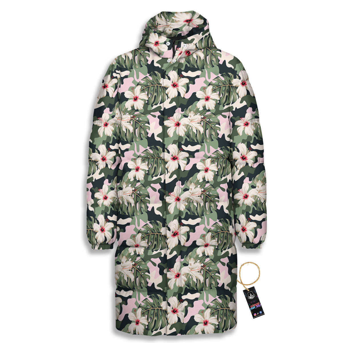 Flower Military Camouflage Print Pattern Long Down Jacket-grizzshop