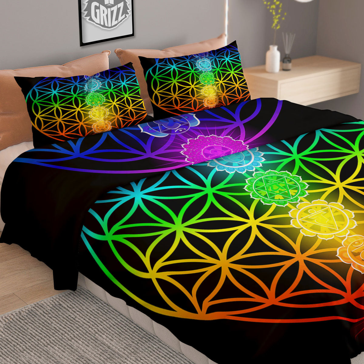 Flower Of Life Seven Chakras Print Duvet Cover Bedding Set-grizzshop