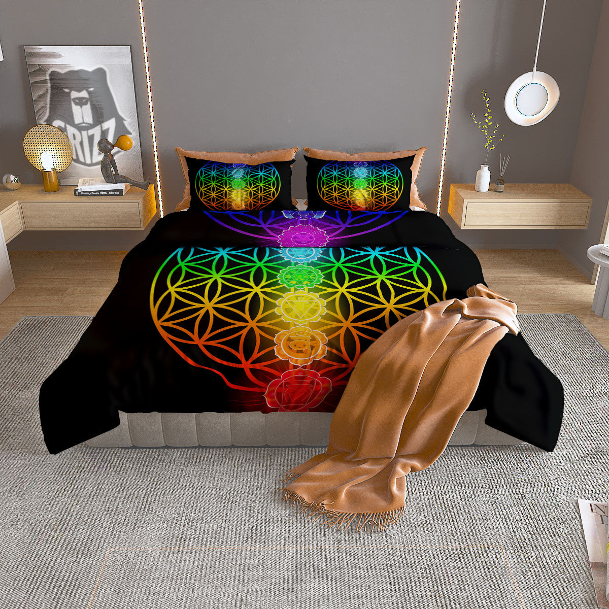 Flower Of Life Seven Chakras Print Duvet Cover Bedding Set-grizzshop