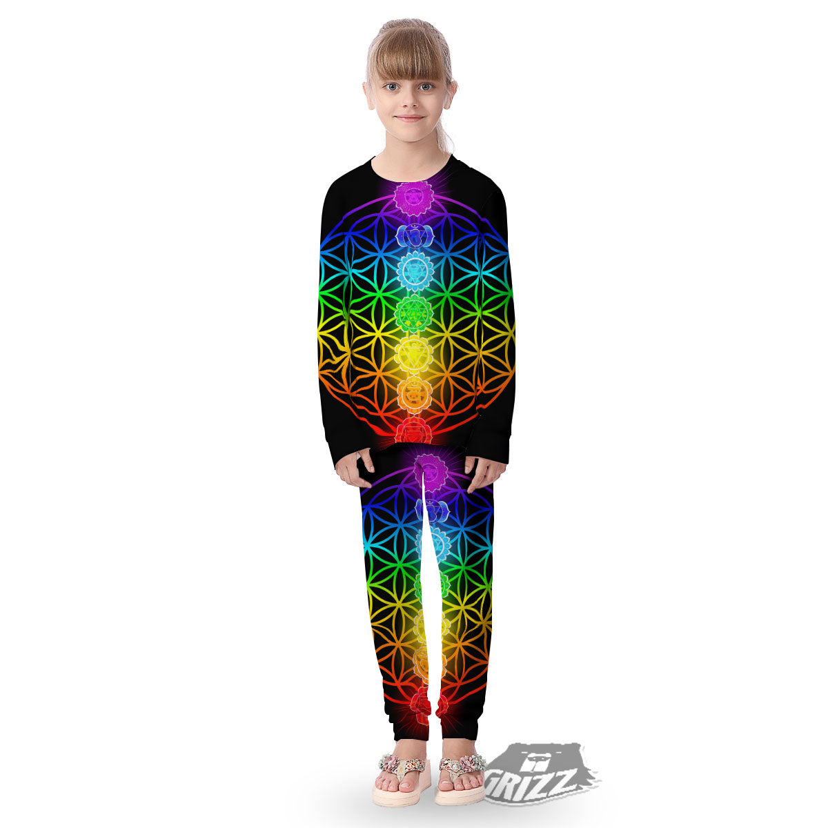 Flower Of Life Seven Chakras Print Kid's Pajamas-grizzshop