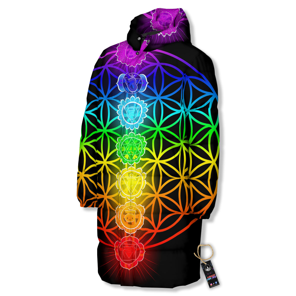 Flower Of Life Seven Chakras Print Long Down Jacket-grizzshop