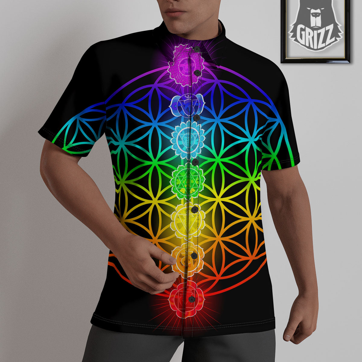 Flower Of Life Seven Chakras Print Untucked Shirts-grizzshop