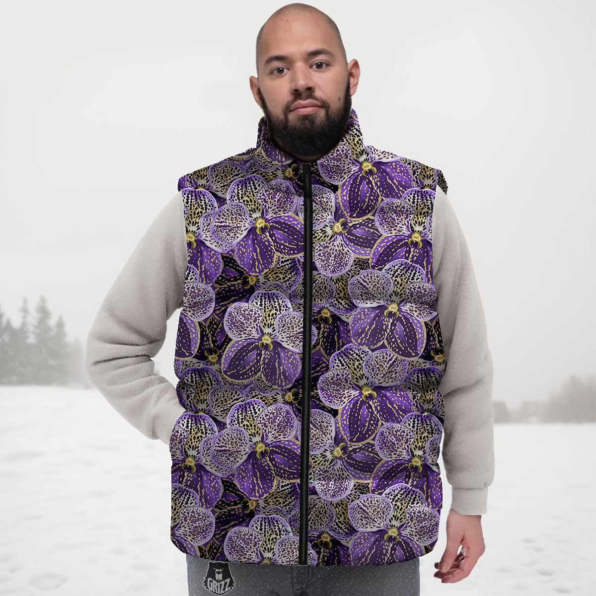 Flower Orchid Purple Print Pattern Down Vest-grizzshop