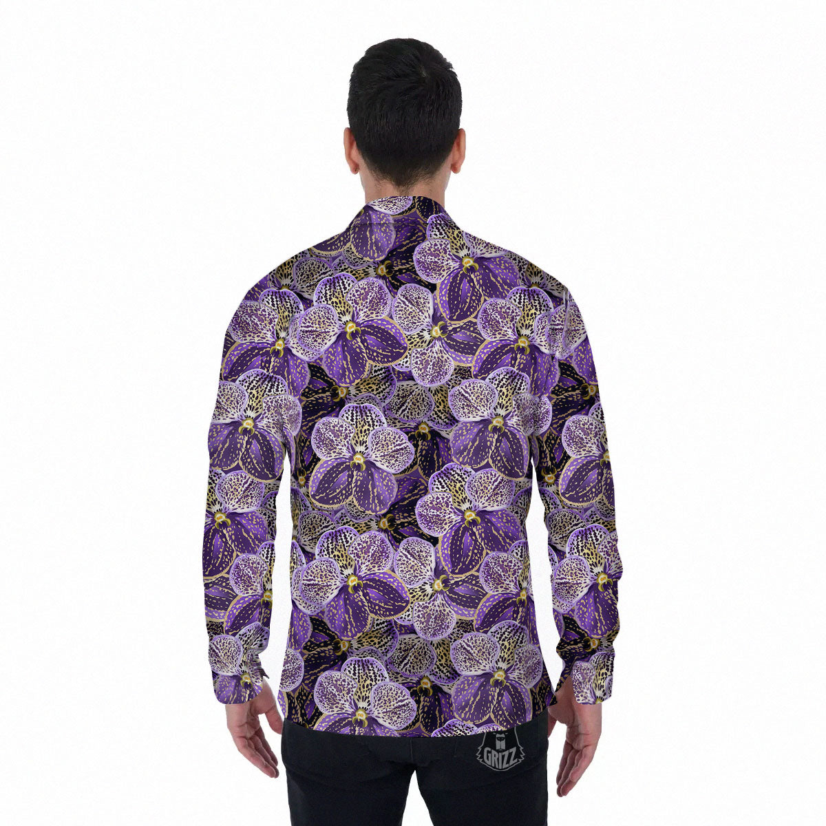 Flower Orchid Purple Print Pattern Men's Long Sleeve Shirts-grizzshop