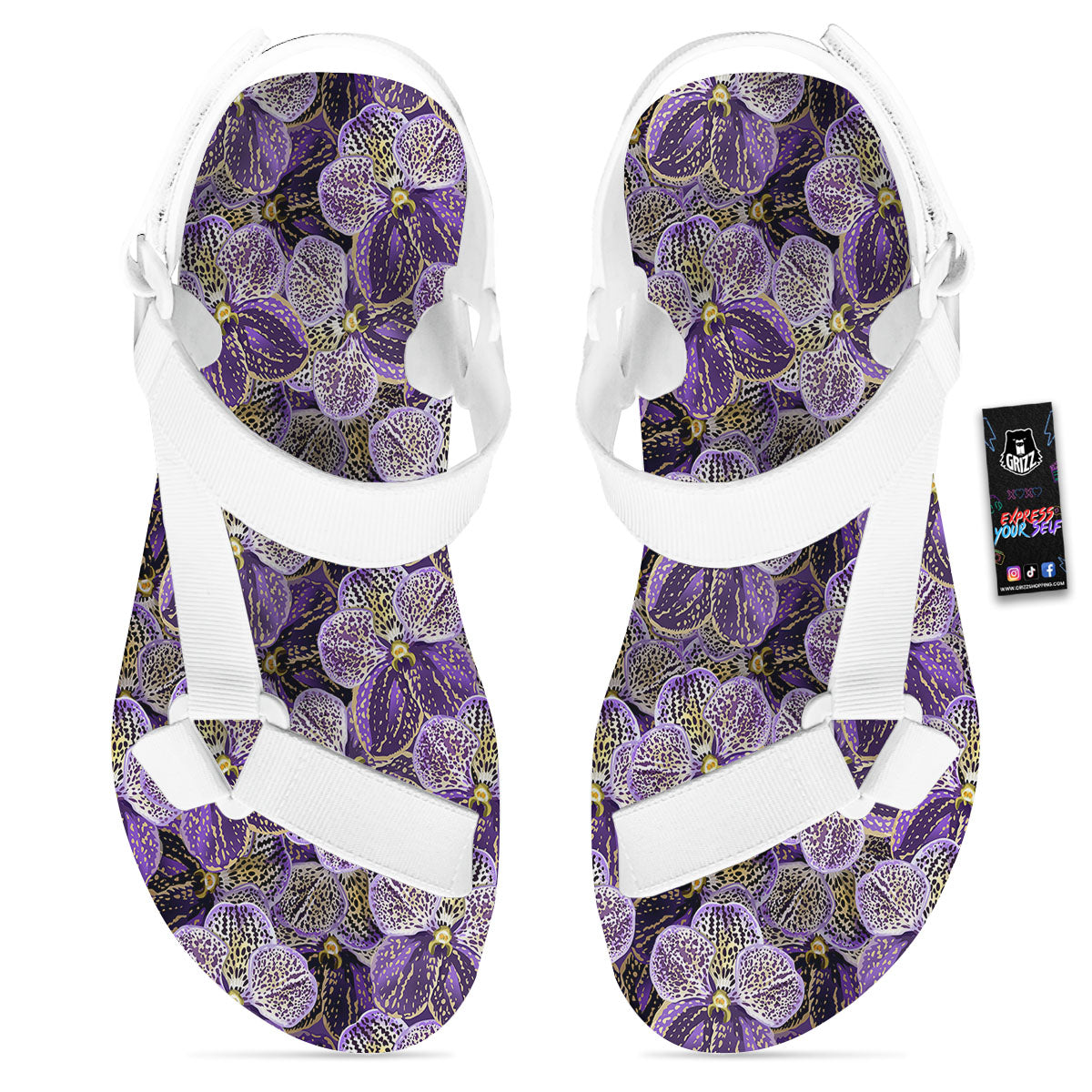 Flower Orchid Purple Print Pattern White Open Toe Sandals-grizzshop