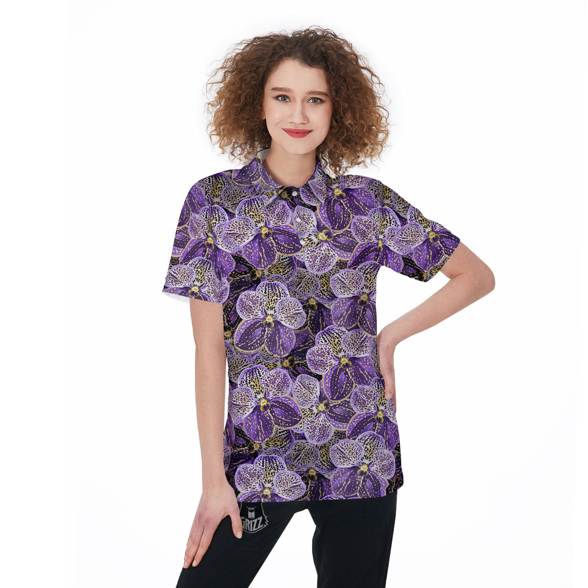 Flower Orchid Purple Print Pattern Women's Golf Shirts-grizzshop