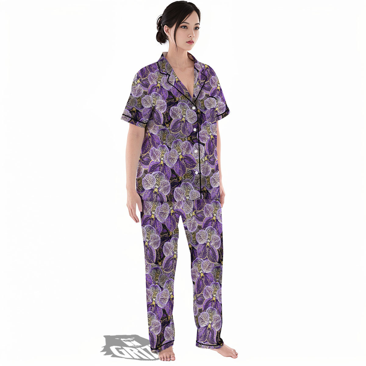 Flower Orchid Purple Print Pattern Women's Pajamas Set-grizzshop