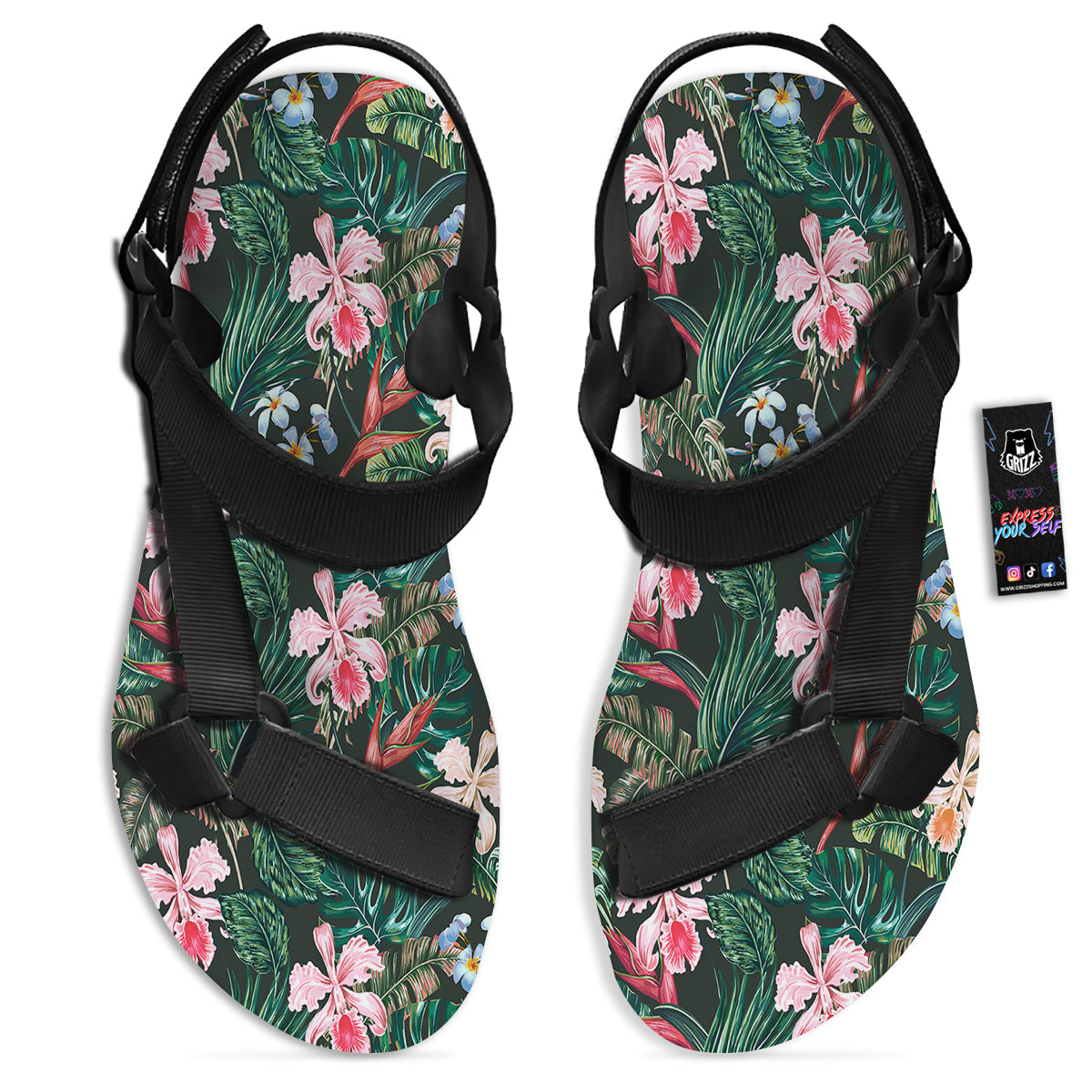 Flower Orchid Tropical Print Pattern Black Open Toe Sandals-grizzshop