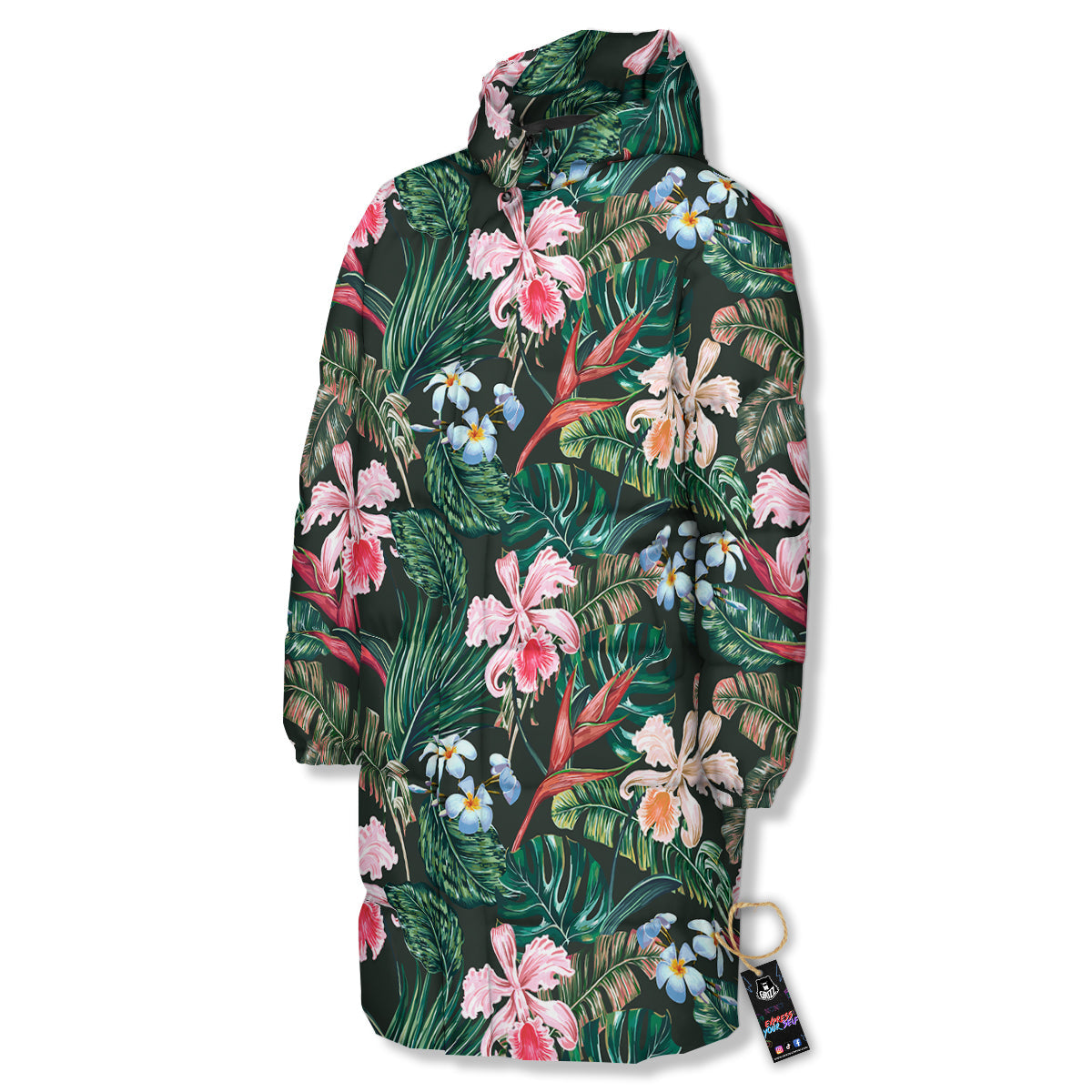 Flower Orchid Tropical Print Pattern Long Down Jacket-grizzshop