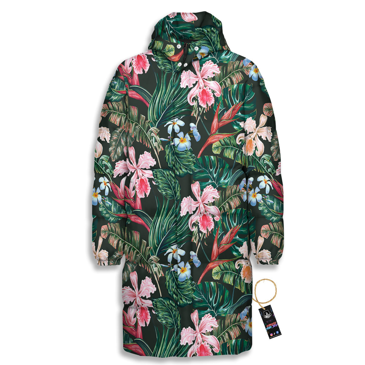 Flower Orchid Tropical Print Pattern Long Down Jacket-grizzshop