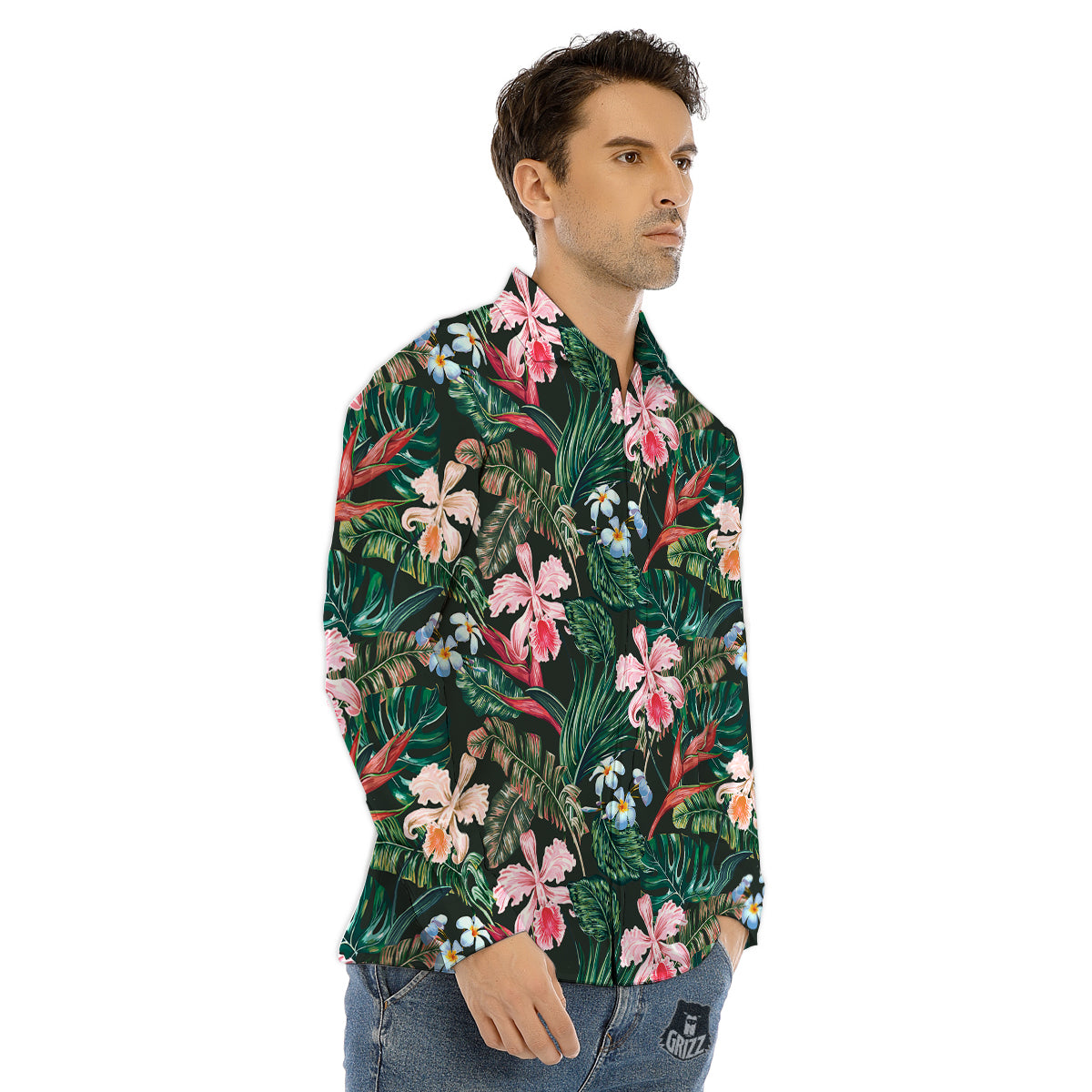 Flower Orchid Tropical Print Pattern Men's Dress Shirts-grizzshop