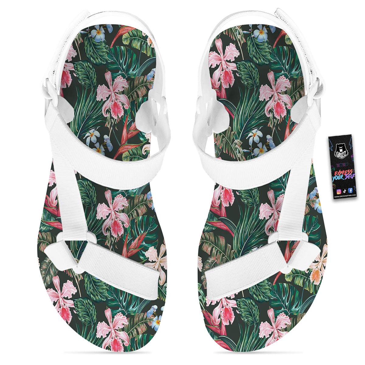 Flower Orchid Tropical Print Pattern White Open Toe Sandals-grizzshop
