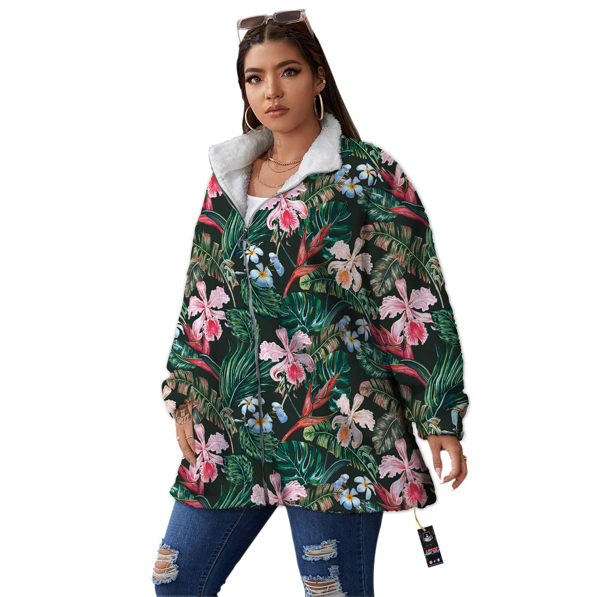 Flower Orchid Tropical Print Pattern Women's Sherpa Jacket-grizzshop