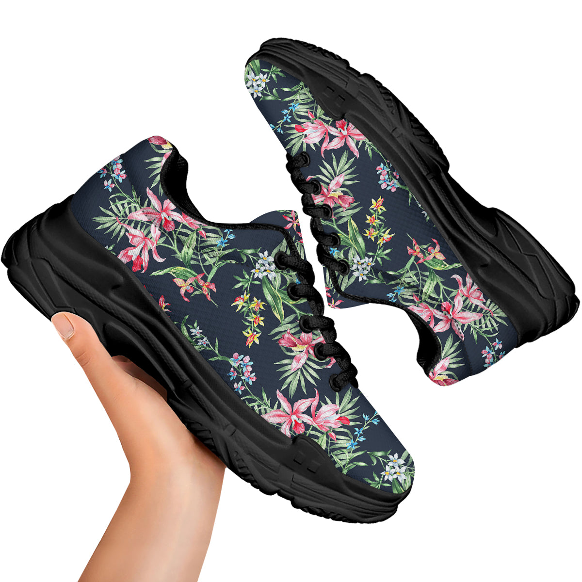 Flower Orchid Watercolor Print Pattern Black Chunky Shoes-grizzshop