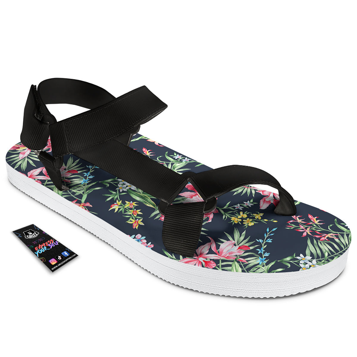 Flower Orchid Watercolor Print Pattern Black Open Toe Sandals-grizzshop