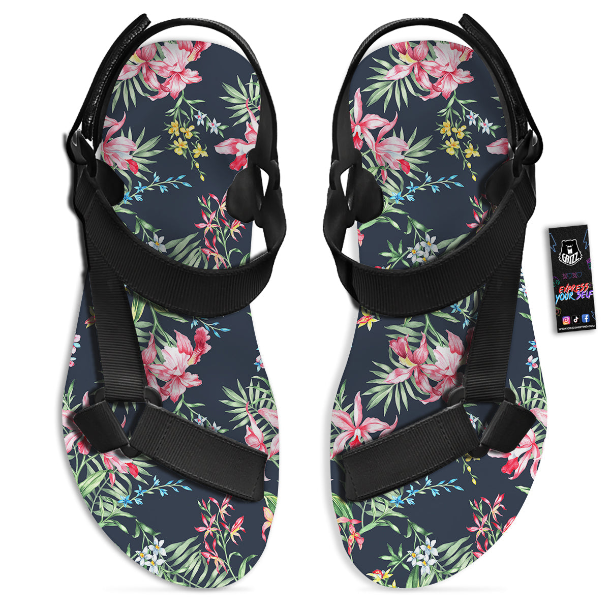 Flower Orchid Watercolor Print Pattern Black Open Toe Sandals-grizzshop