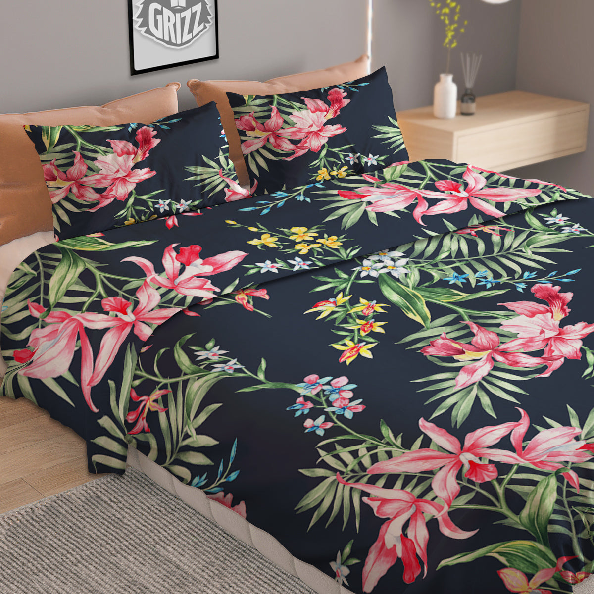Flower Orchid Watercolor Print Pattern Duvet Cover Bedding Set-grizzshop