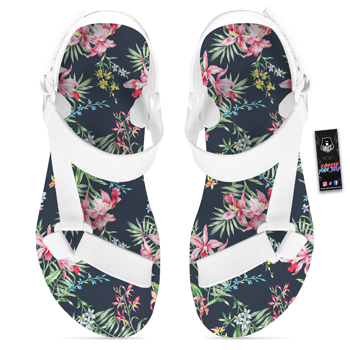 Flower Orchid Watercolor Print Pattern White Open Toe Sandals-grizzshop