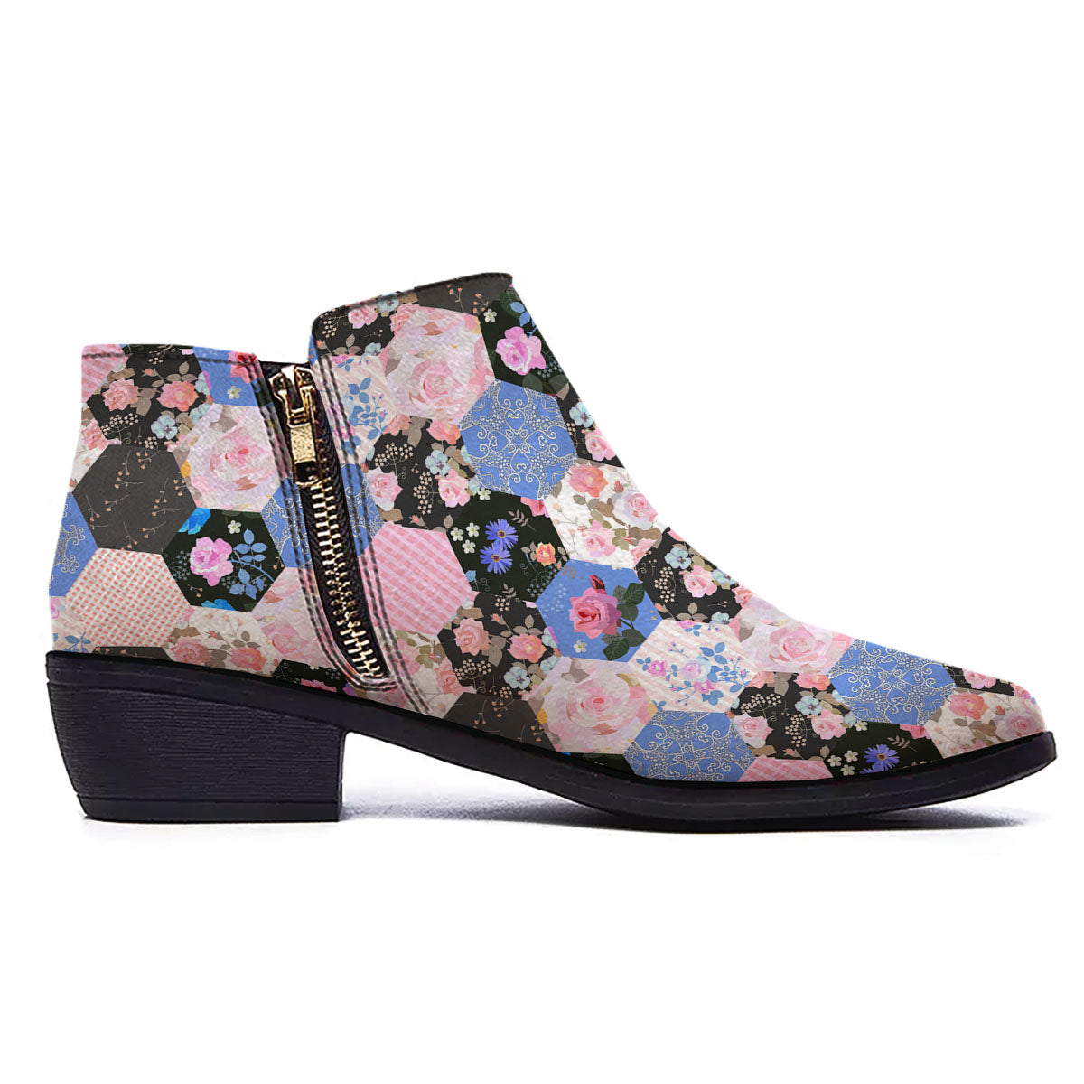 Flower Patchwork Pink Print Pattern Ankle Boots-grizzshop