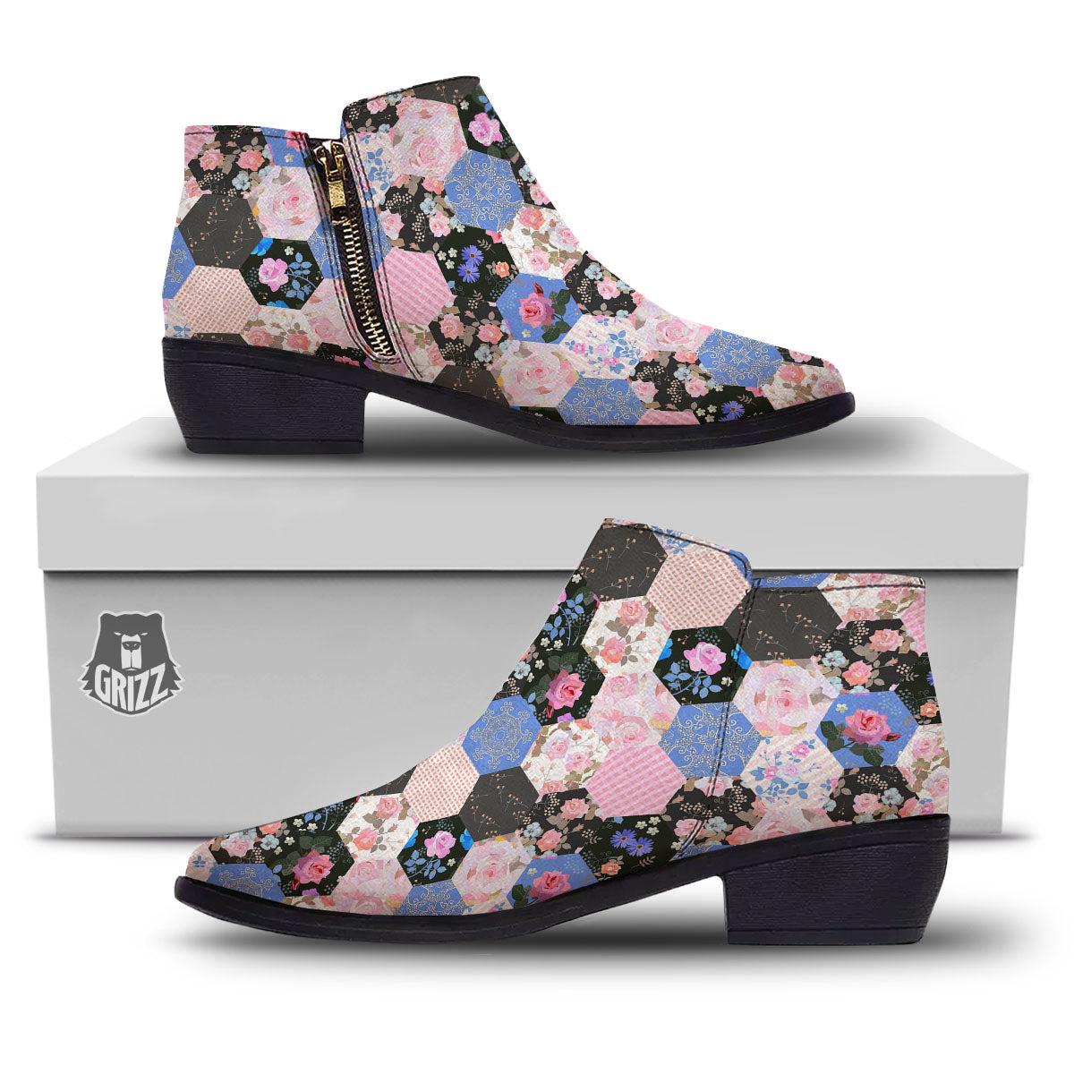Flower Patchwork Pink Print Pattern Ankle Boots-grizzshop
