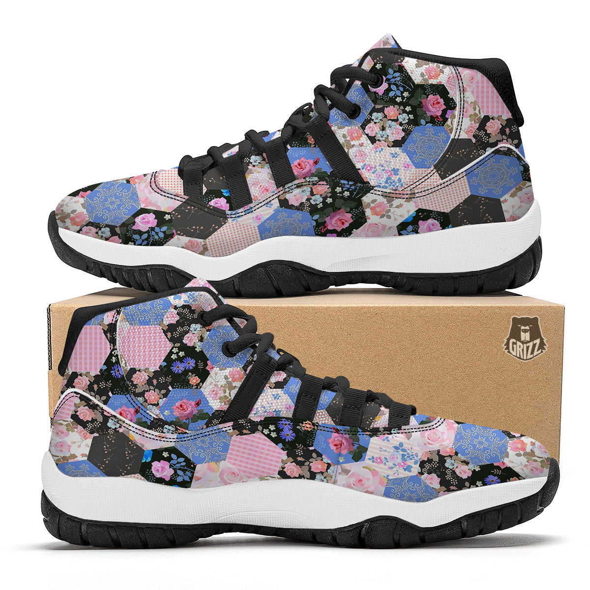Flower Patchwork Pink Print Pattern Black Bball Shoes-grizzshop