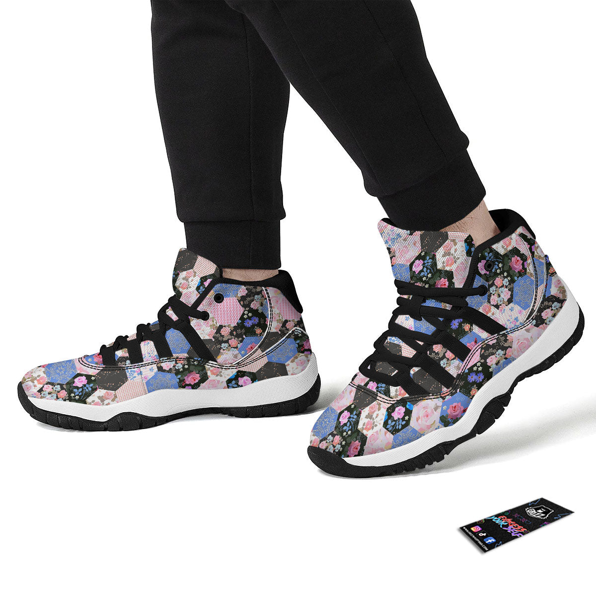Flower Patchwork Pink Print Pattern Black Bball Shoes-grizzshop