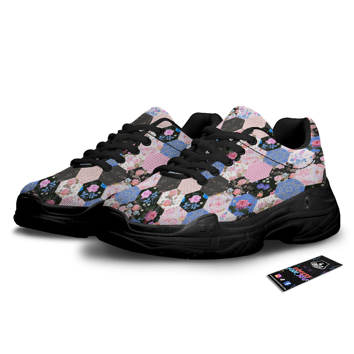 Flower Patchwork Pink Print Pattern Black Chunky Shoes-grizzshop