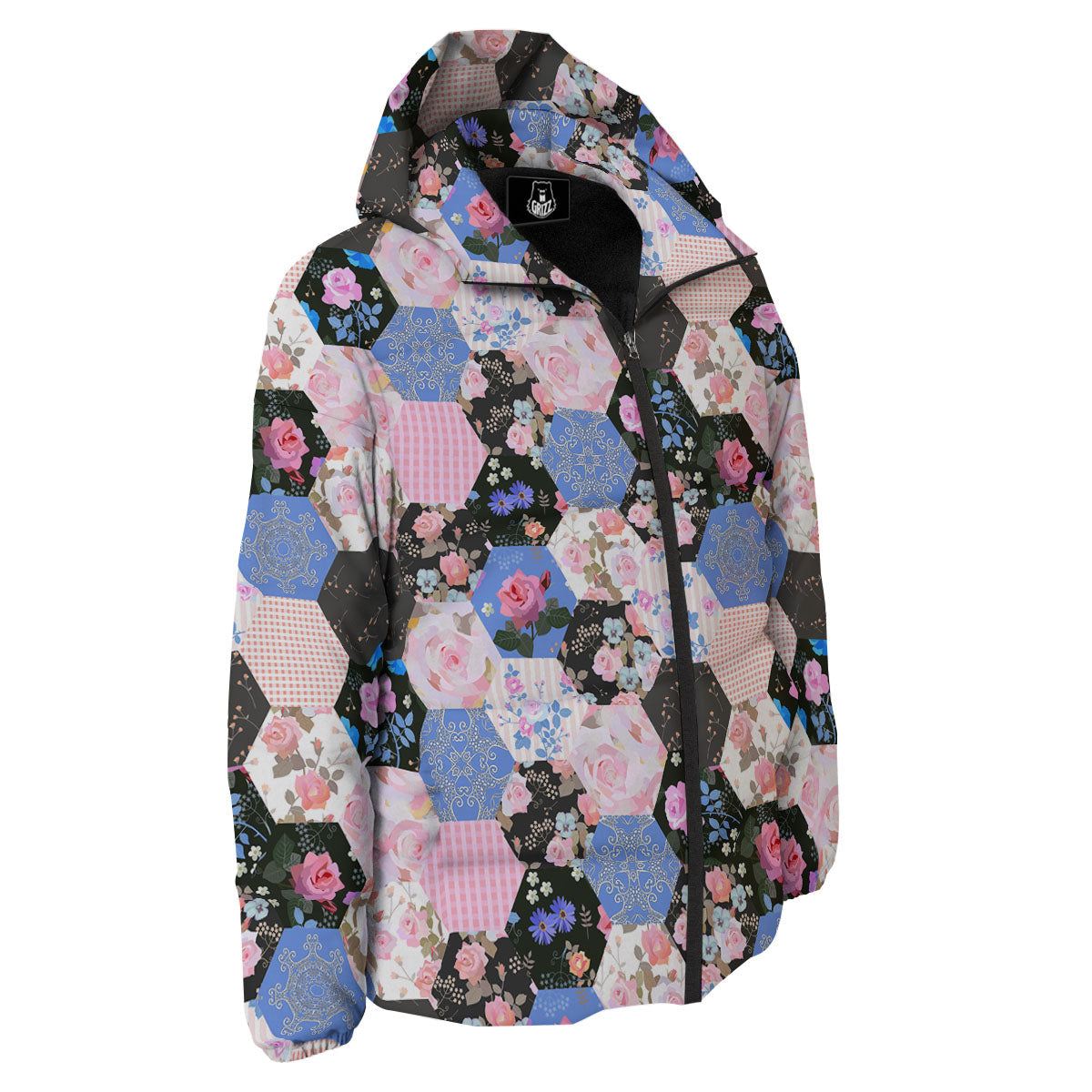 Flower Patchwork Pink Print Pattern Down Jacket-grizzshop