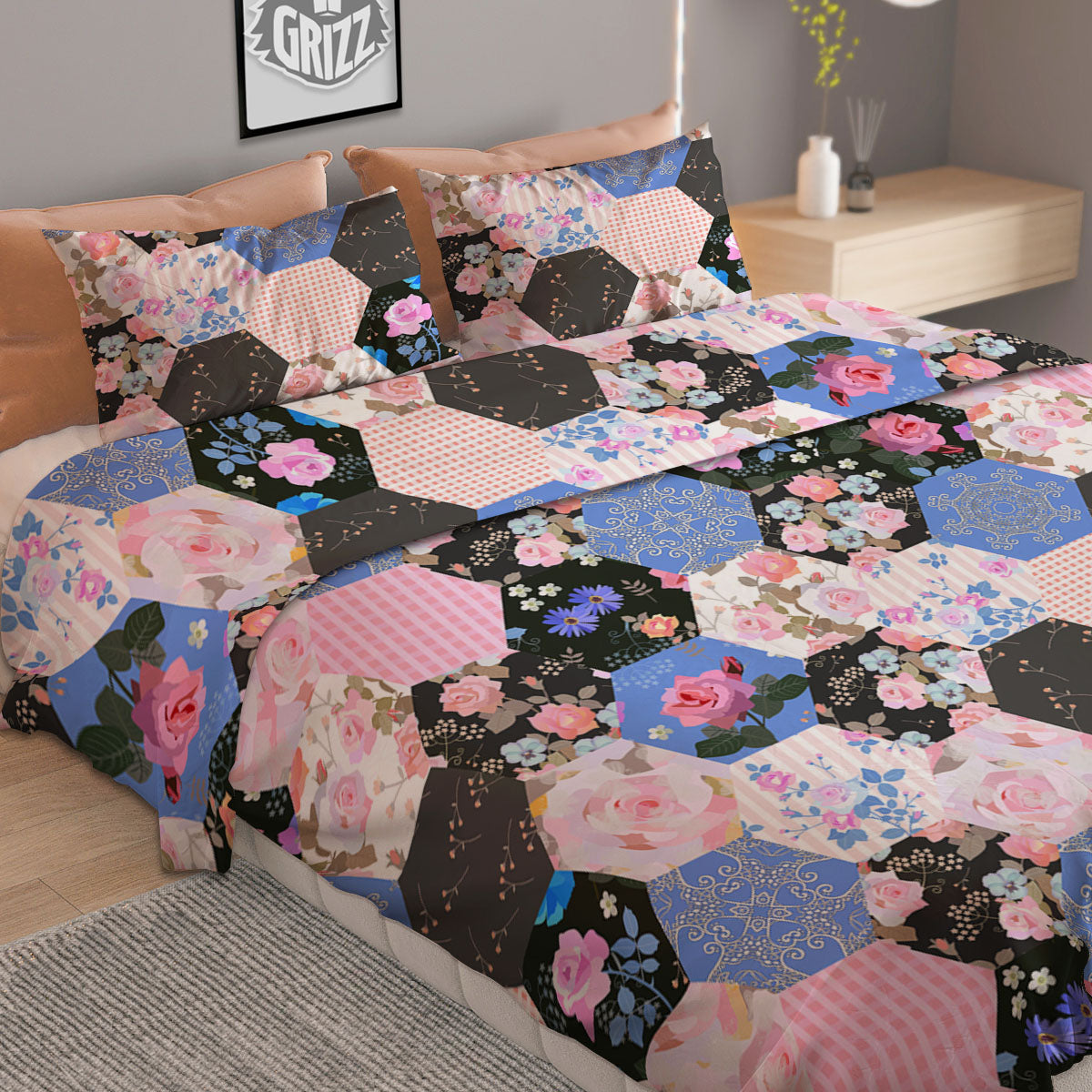 Flower Patchwork Pink Print Pattern Duvet Cover Bedding Set-grizzshop
