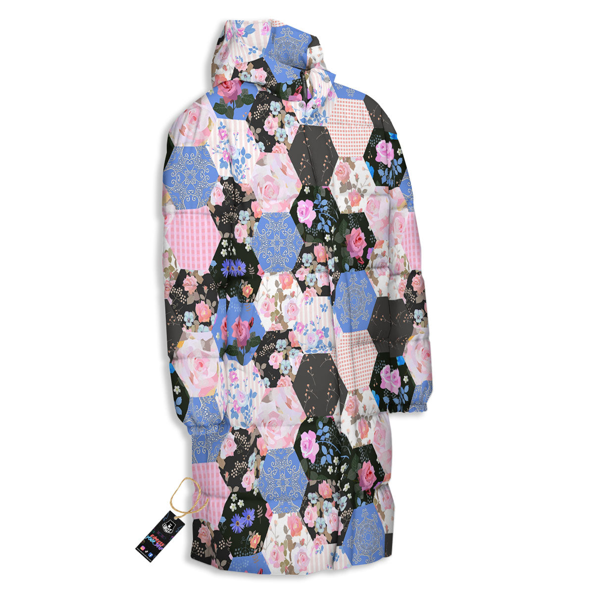 Flower Patchwork Pink Print Pattern Long Down Jacket-grizzshop