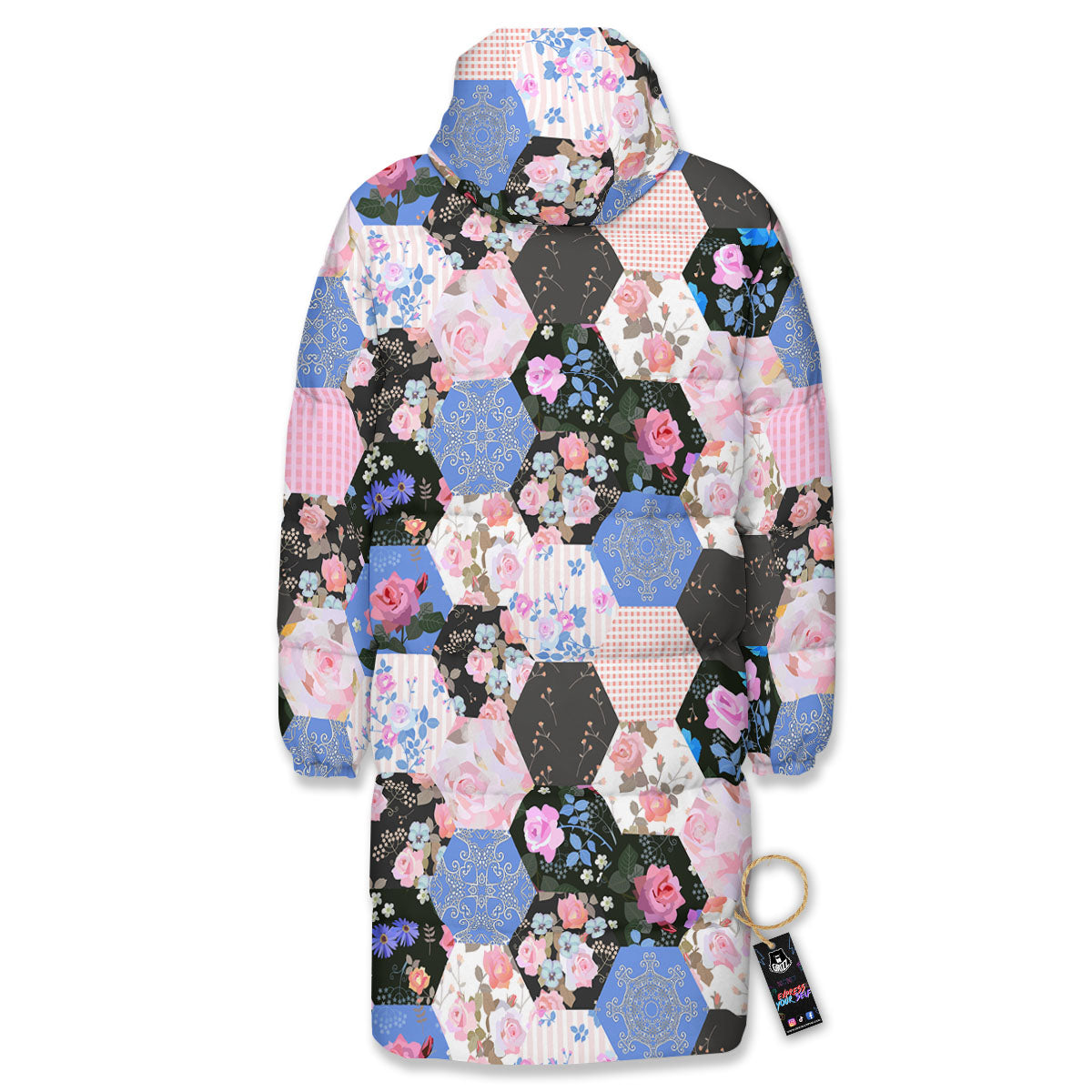 Flower Patchwork Pink Print Pattern Long Down Jacket-grizzshop