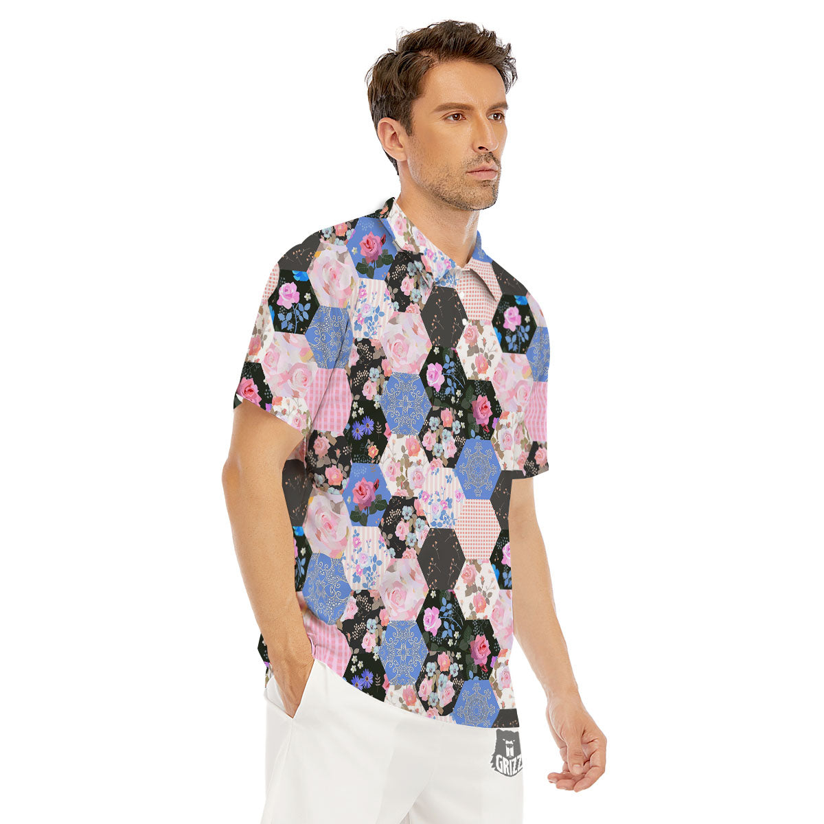 Flower Patchwork Pink Print Pattern Men's Golf Shirts-grizzshop